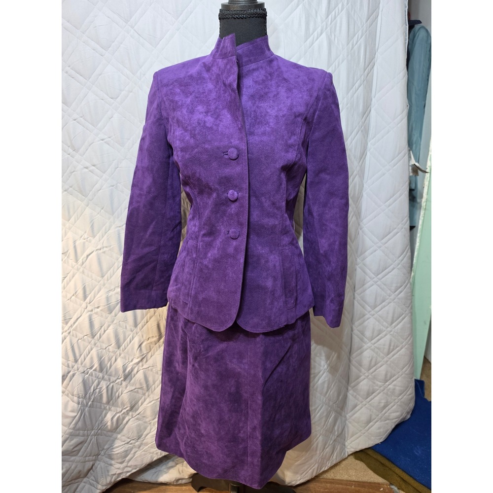 Roth-Le Cover Ultra Suede Skirt Suit Purple Mandarin Collar Jacket Set Womens 6